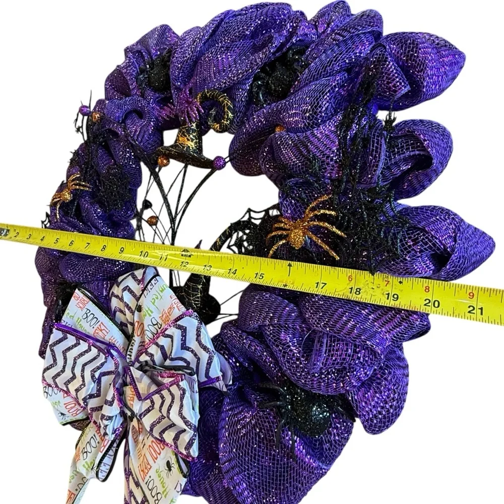 Handmade Purple Halloween Deco Mesh Wreath with Ribbon Bow, Spiders & Webs 20